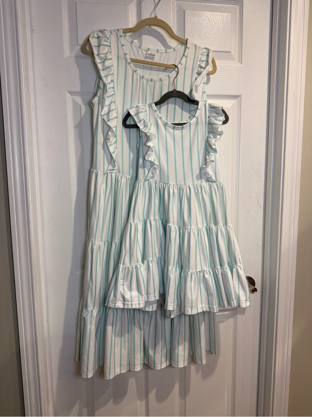 Mommy & Me Mint Stripe Ruffle Tiered Dress - Set